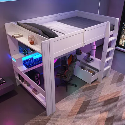 Produktbild von Gaming-Hochbett mit Schreibtisch & LED-Beleuchtung, großzügiger Stauraum, ohne Matratze, 140x200cm, Weiß