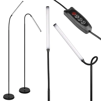 A collage of different floor lamp designs and a remote control.