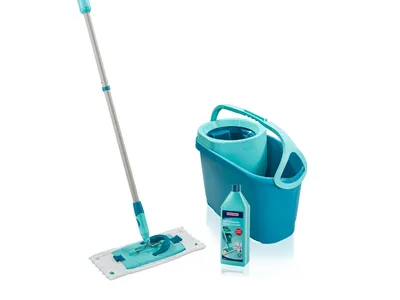 A cleaning set including a mop, bucket, and cleaning solution, displayed against a white background.