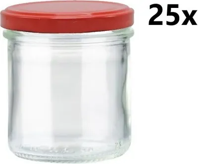 A clear glass jar with a red lid is shown against a white background, with a quantity indicator on the right.