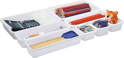 Zdjęcie produktu dla Organizer do szuflad Unyqoos® – zestaw 8 elementów wykonanych z filcu, idealny do szuflad, kosmetyków, biura i kuchni, kolor biały; wymiary: 7,5×7,5×4,5 cm (3 szt.), 23,5×16×4,5 cm (2 szt.), 23,5×7,5×4,5 cm (3 szt.)