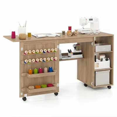 Produktbild von COSTWAY 2 in 1 Nähmaschinenschrank klappbar Schreibtisch, Nähmaschinentisch mit Ablageflächen, 18 Klammern & Behältern, Nähtisch mit Rollen, Braun