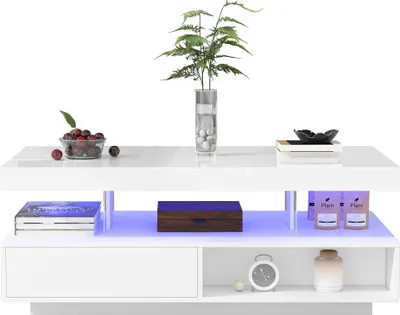 Produktbild von Merax Couchtisch mit 2 Schubladen und Stauraum, Beistelltisch Hochglanz Sofatisch mit LED inkl. APP, Wohnzimmertisch 95x42,5x50cm, Weiß