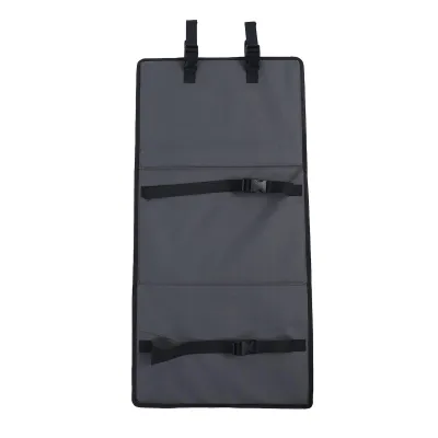 A gray protective mat with straps and buckles, designed to be attached to a bunk bed ladder.