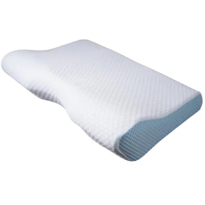 A white and blue ergonomic pillow on a white background.