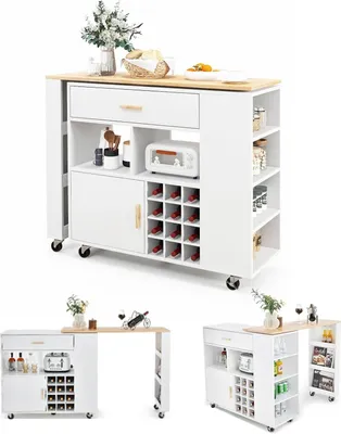 Zdjęcie produktu dla KOMFOTTEU Wózek kuchenny z obrotowym blatem, wyspa kuchenna, wózek do serwowania z szufladą, stojak na 12 butelek wina i stojak na przyprawy, wózek na wyspę kuchenną