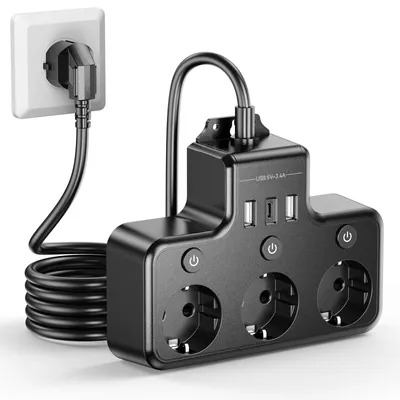 Productafbeelding van Wandmontagestekkerdoos met 3 stopcontacten en 3 USB-poorten, 4000 W