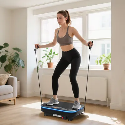 Image de Platine vibrante avec 99 niveaux, haut-parleur Bluetooth, appareil de fitness avec télécommande, couleur noire | 47x32x12 cm | 8 kg | 3 modes : P1-P3