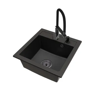 Produktbild von Granitspüle Schwarz mit LUK Armatur Schwarz, schwarzem Siphon und Seifenspender