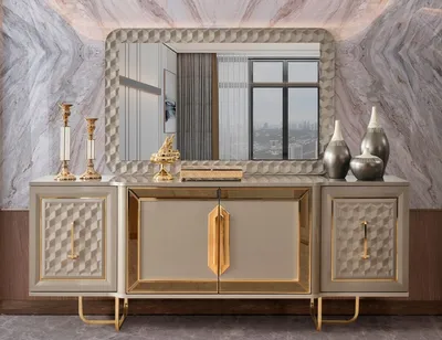 Produktbild von Casa Padrino Luxus Art Deco Möbel Set Grau / Gold - 1 Luxus Art Deco Sideboard mit 4 Türen & 1 Luxus Art Deco Spiegel - Art Deco Möbel - Luxus Möbel - Luxus Einrichtung - Art Deco Einrichtung
