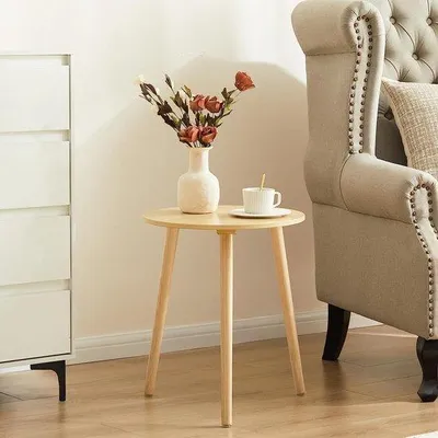 Productafbeelding van Unyqoos® Bijzettafel van rundleder, Ø 42 x 52 cm, met MDF-blad, massieve houten poten, maximaal draagvermogen 20 kg – geschikt voor woonkamer en slaapkamer