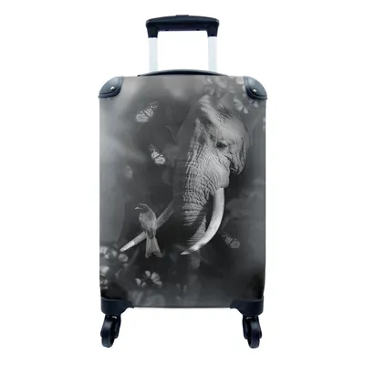 Produktbild von MuchoWow® Koffer Handgepäck Trolley Rollkoffer Kleine Reisekoffer mit 4 Rollen - Porträt eines Elefanten und eines Vogels im Dschungel - schwarz und weiß - Cabin Size < 55x40x23 cm & 55x40x20 cm - Fotokoffer - Kabinenkoffer - Boardgepäck - Reise-Box - Reisekoffer - Reisegepäck - Koffer mit Bild - Trolley für Kinder