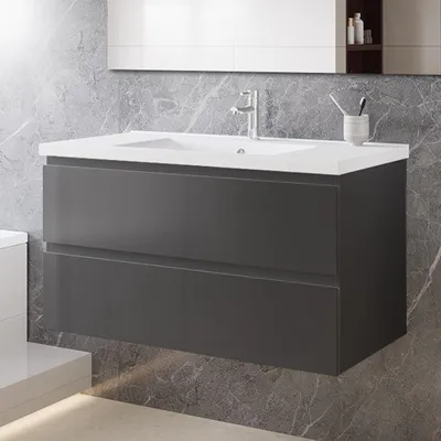 Produktbild von 100 cm Badmöbel-Set Unterschrank mit Keramik waschtisch 2 Schubladen soft-close Hochglanz Anthrazit Selbstmontierter