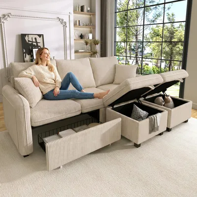 Image de Canapé d'angle multifonctionnel en forme de U, modèle trois places, avec revêtement et fonction de rangement – Inclut des tiroirs + un repose-pieds avec compartiment de rangement