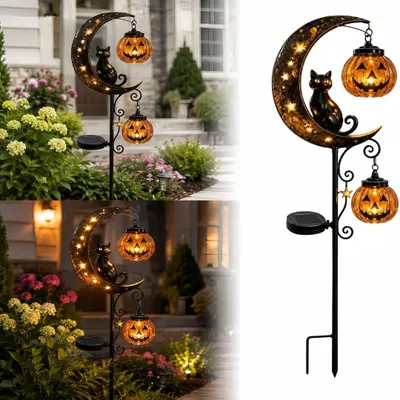 Produktbild von Halloween Solarleuchte Gartenstecker, LED Solar Gartenlampe mit Kürbis, Katze und Mond Design, wetterfeste Gartendeko für Garten Terrasse Rasen, 85 cm
