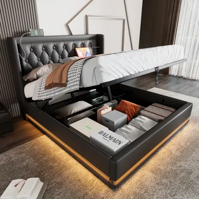 Produktbild von MODFU Boxspringbett Hydraulisches 180 x 200 cm mit 3-seitige LED-Beleuchtung, Polsterbett Funktionelles mit USB Typ-C Ladeanschluss, Doppelbett Stauraumbett mit Bettkasten Stauraum, PolyurethanSchwarz(Ohne Matratze)