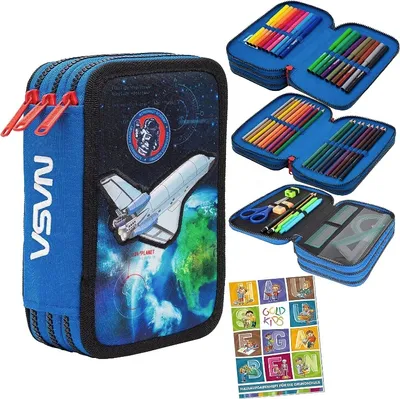 Produktbild von Federtasche 3-fache Federmappe Colorino NASA Federmäppchen 46-teilig gefüllte Schüleretui Stifte und Pinsel inkl. Aufgabenheft Federbox Etui Stiftetasche Schlamper-Etui Schul-Etui