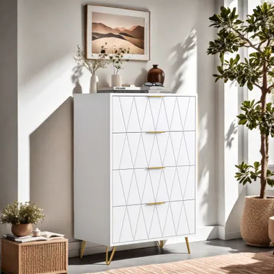 Immagine prodotto di UnboxG credenza, cassettiera con tanto spazio, mobile con 4 cassetti, credenza per soggiorno, bianco 90x34x60cm