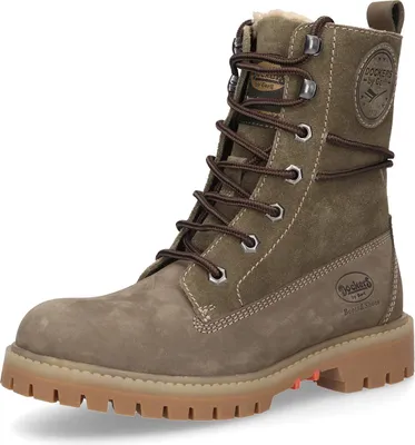 A single brown and green lace-up boot is shown against a white background.