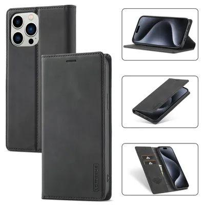 Immagine prodotto di Custodia in pelle per iPhone 15 Pro, con funzione stand e porta carte, custodia design portafoglio nero