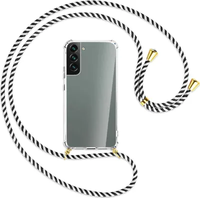 Produktbild von Handykette Backcover-Schutzhülle mit Band (Metall goldfarben) für Samsung Galaxy S22 5G (S901) - schwarz/weiß gestreift