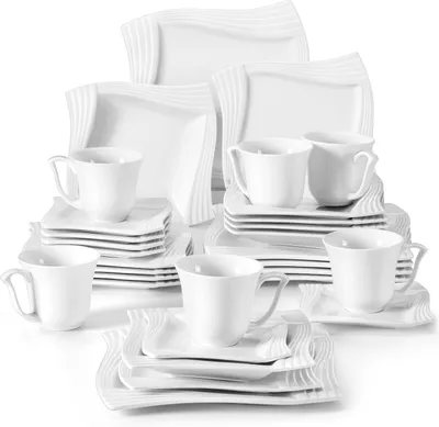Produktbild von MALACASA, AMPARO 30 tlg. Cremeweiß Porzellan Geschirrset Kombiservice Tafelservice mit Kaffeetassen, Untertassen, Dessertteller, Suppenteller, Speiseteller für 6 Personen