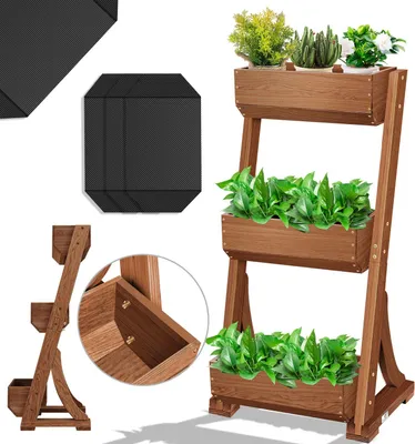Produktbild von KESSER® Hochbeet mit 3 Etagen Premium Blumenkasten Blumentreppe Pflanztreppe Gemüsebeet Kräuterbeet Pflanzkübel Frühbeet Blumenbeet Pflanzkasten mit Gartenvlies - Beet inkl. Schaufelset, Braun