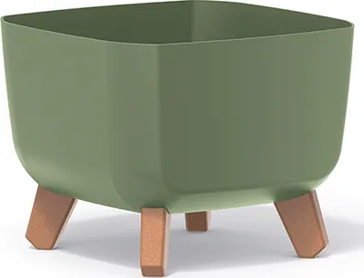 A square green planter pot with brown wooden legs, isolated on a white background.