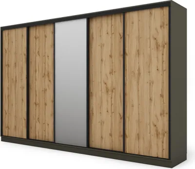 Produktbild von Meblast | Schrank 5D/380; Graugraphit/Eiche Wotan mit 1 Spiegel (schwarze Beschläge) - Premium-Beschläge | Exklusivität, Modern