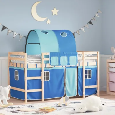 Produktbild von Design Möbel Kinderhochbett mit Tunnel Blau 80x200 cm Massivholz Kiefer - 2024 Neu