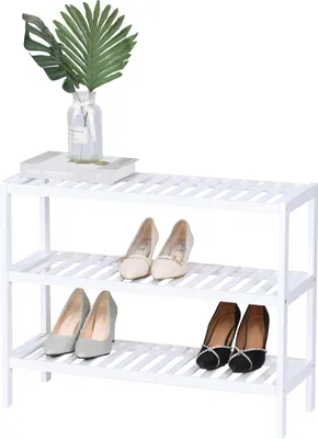 Produktbild von Relaxdays Schuhregal, 3 Ebenen, 9 Paar Schuhe, HBT: 54,5 x 70 x 24,5 cm, Schuhständer mit Gitterablagen, Bambus, weiß