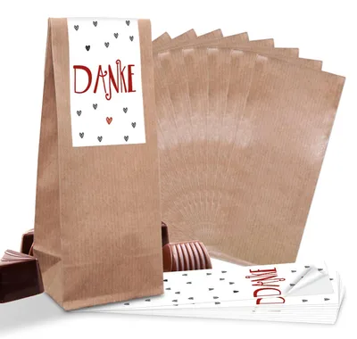 Produktbild von 10 Papiertüten aus Kraftpapier mit "Vielen Dank"-Aufklebern, Größe: 7 x 4 x 20,5 cm