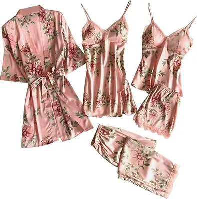Produktbild von 5PC Schlafanzug Damen Pyjama Set Mode Dessous Unterwäsche Babydoll Nachtwäsche Kleid Rückenfrei Zweiteilige Nachthemd Schlafanzüge Negligee Wäsche Set