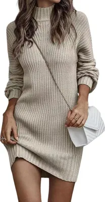 Produktbild von ASKSA Damen Strickkleid Rollkragen Pullikleid Elegant Pulloverkleid Freizeit Midikleid Tops, Aprikose, XL