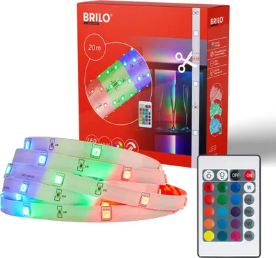 A product shot of an LED strip light kit, including the packaging, the LED strip itself, and a remote control.