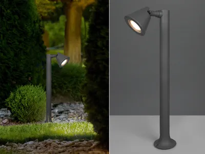 A split image showing an outdoor garden light in a garden setting on the left and a studio shot of the same light on the right.