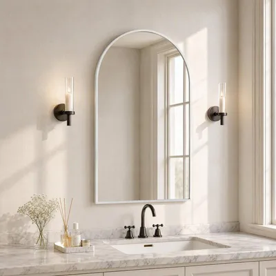 Produktbild von UnboxG Bogenspiegel 61 x 91 cm, Wandspiegel mit weißem Aluminiumrahmen, verzerreungsfreies bruchsicheres Glas, Bogen Wandspiegel für Bad, Schlafzimmer, Flur