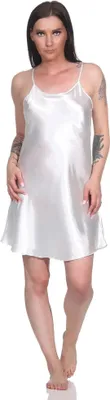 Produktbild von Damen kurzes Satin Negligé Nachtkleid Nachthemd Satin; Ecru 2XL