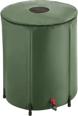 A green rain barrel with a mesh opening on top and a spigot at the bottom, standing on four legs.