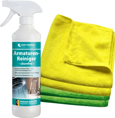 Produktbild von HOTREGA Armaturen-Reiniger säurefrei 500 ml inkl. 4 Microfasertücher Micro Star, Badreiniger, Küchenreiniger, Abperleffekt