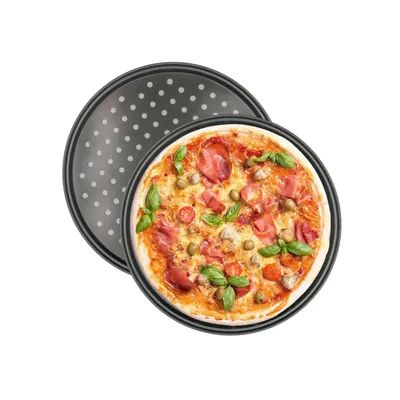 Produktbild von Intirilife 2x Pizzablech rund Kohlenstoffstahl in Schwarz - 32 x 1.5 cm - Rundes Backblech für Pizza Flammkuchen, Knusperblech gelocht antihaft