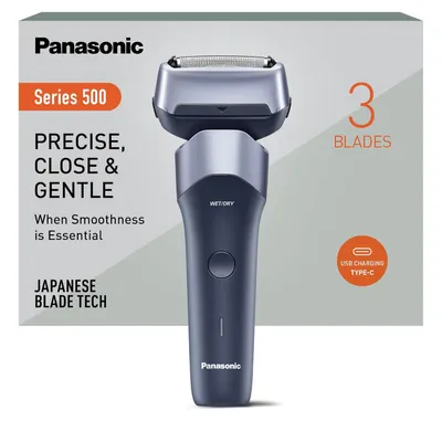 Image de Rasoir électrique pour homme Panasonic série 500 ES-ERM3FV503, 3 lames, Wet & Dry, rechargeable, tête de rasage flexible 10D, étanche IPX7, USB-C