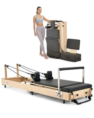 Immagine prodotto di VEVOR reformer Pilates pieghevole in legno per l'uso nella palestra di casa, letto Pilates con doppia resistenza - molla e corda, attrezzatura con box per sedersi, fino a 181,44 kg