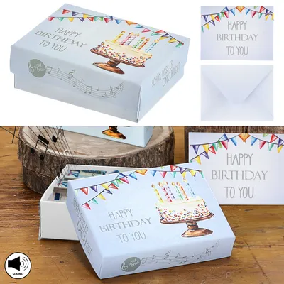 Produktbild von Geschenkbox mit Musik 'Happy Birthday to You' 9,5x7x3,5cm Karton weiß bunt Schachtel Stülpdeckel Briefumschlag Musik-Geschenkbox