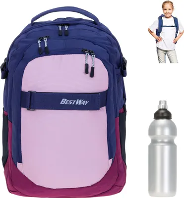 Produktbild von Schulrucksack Mädchen Bestway Evolution Packer Rucksack Schultasche Schulmappe Brustgurt Polsterrücken Laptopfach 40177-5021 Violett Blau Rosa + Bagboom Trinkflasche