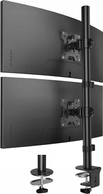 A dual monitor stand with two monitors mounted vertically on a black pole, clamped to a desk.