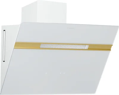A white and gold kitchen range hood against a white background.