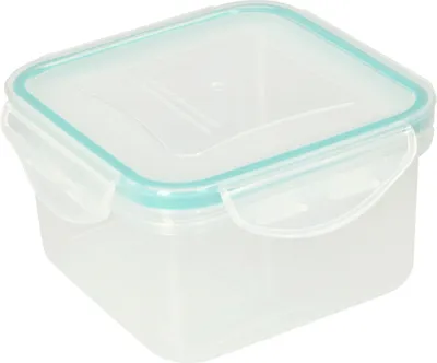 A clear, studio shot of a square plastic food container with a light blue lid and locking clips.