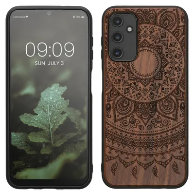 Produktbild von kwmobile Handyhülle für Samsung Galaxy A14 5G Hülle Holz - Case mit TPU Bumper - Stoßfestes Hardcase - Schutzhülle Cover in Dunkelbraun