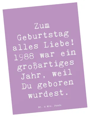 Produktbild von Mr. & Mrs. Panda Postkarte Spruch 1988 Geburtstag - Lavendeltraum - Geschenk, Geburtstagsgeschenk, Happy Birthday, Postkarten, Ansichtskarten, Geburtstagsgruß, Geboren